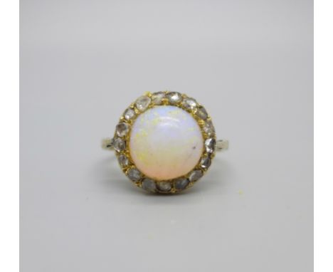 A late Victorian 18ct gold, opal and diamond cluster ring, 3.9g, N 