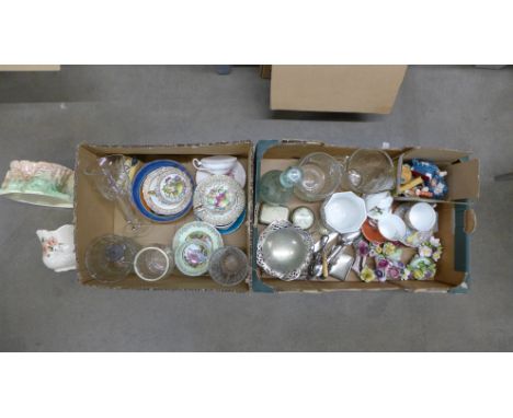 A collection of decorative china, cups and saucers, ornaments hand painted in Scotland, plated flatware, metal ware, glass, e