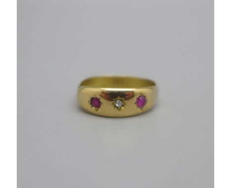 A yellow metal, ruby and diamond ring, 2.4g, L, marked 18C, a/f 