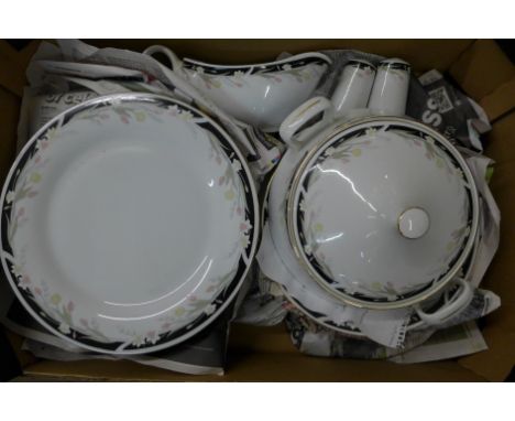 A collection of Crown Ming dinner ware and tea ware, platter, 2 x 10 plates, two serving bowls, ten soup bowls, tureen, gravy