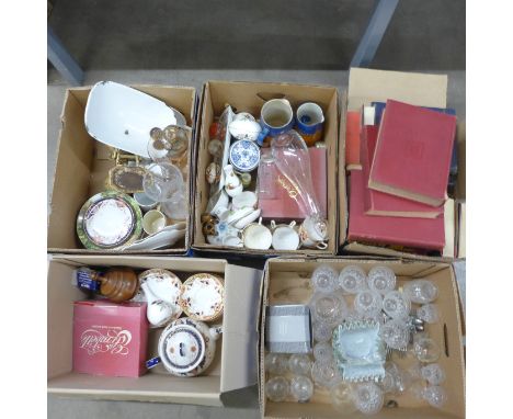 Assorted items including a set of metal weighing scales, a Paragon part tea set, a/f, Minton, Aynsley, glass vases, books, et