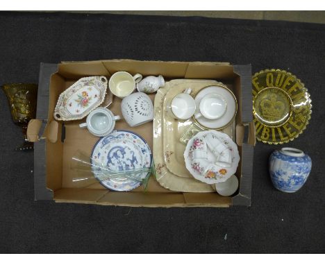 A collection of china including Royal Crown Derby Posies comport and four egg cups, Queen Victoria Jubilee glass plate, Royal