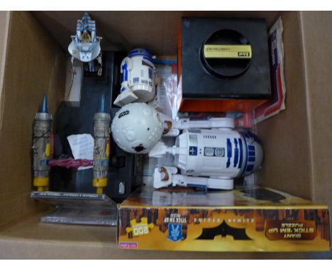 A collection of toys including Star Wars and Batman, a Star Wars Episode 1 Annakin's Pod Racer vehicle alarm clock, a 1966 Wo