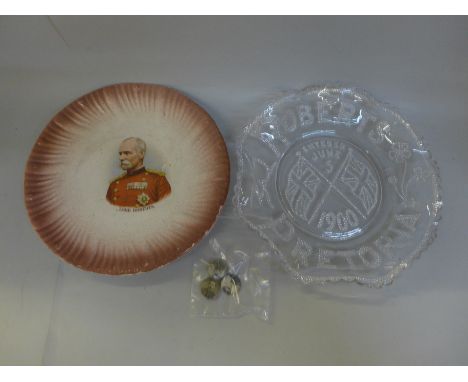Two Lord Roberts plates, three military portrait pin badges comprising Lord Kitchener, General Macdonald and General Nelly Ke