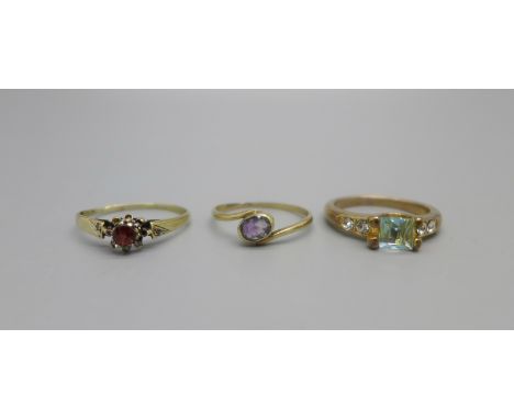 Two 9ct gold rings, 2.2g, a/f, and a dress ring 