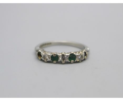 A platinum, diamond and emerald ring, a/f, lacking two stones, 3.6g, L 