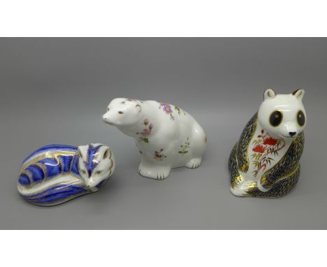 Three Royal Crown Derby Paperweights - Posies Polar Bear, silver stopper, Seated Panda Bear, silver stopper and a Blue/Arctic