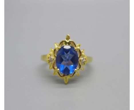 A silver gilt, colour change fluorite and white zircon ring, with certificate, J 