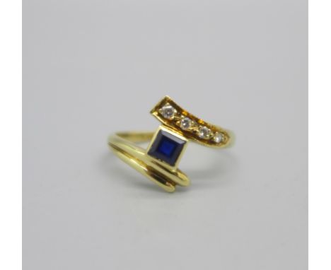 A yellow metal, blue stone and diamond ring, marked 585, 1.9g, M 