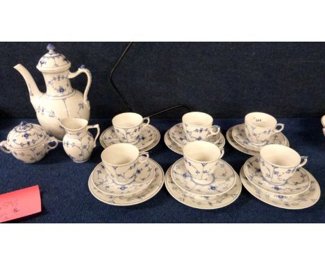 Royal Copenhagen blue and white lace patterned tea set comprising teapot, sugar basin and milk jug together with six cups, sa