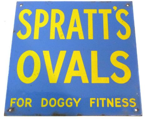 An enamel sign for Spratts Oval for Doggy Fitness, the yellow writing on a blue ground, 30cm diameter