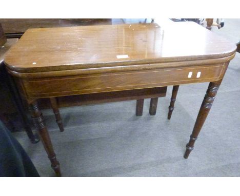 A Victorian mahogany D shape tea table with folding top raised on turned legs (Item 34 on vendor list)