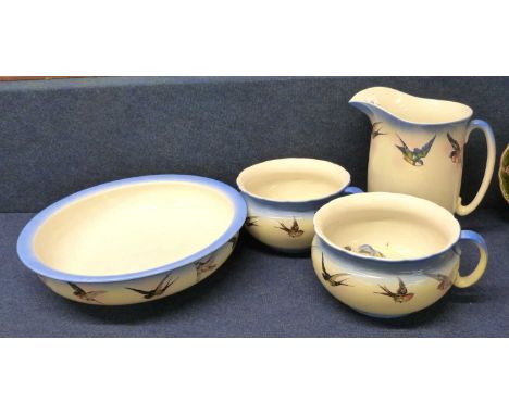 A Victorian jug and basin set together with two matching chamber pots, soap dishes and covers, all decorated with birds, earl