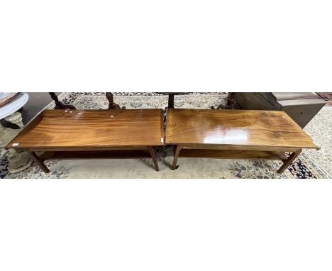A pair of 20th Century hardwood coffee tables of rectangular form with base shelves, 126cm long (Item 10 on vendor list)