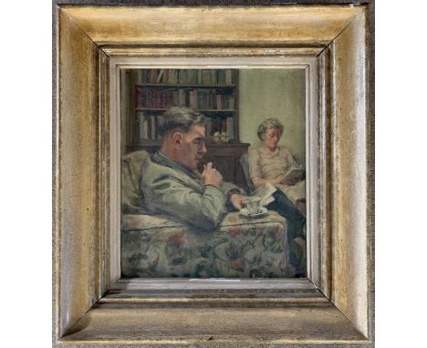 Keith Sutton (British, 20th century), An interior scene / portrait of a Mr and Mrs Locke, oil on canvas, signed lower right, 
