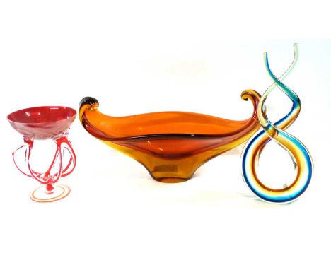 Group of Art Glass wares including a Venetian style bowl in ruby colour, further green glass vase and bowl