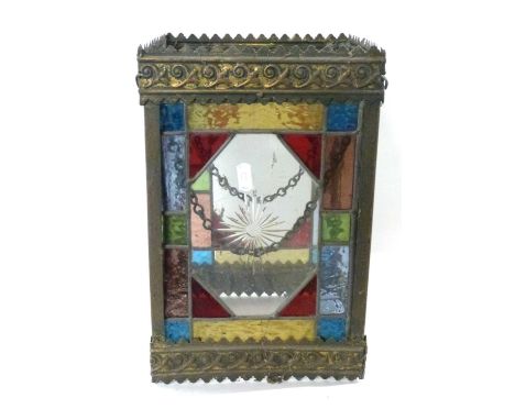 An Arts &amp; Crafts style coloured lead glazed hanging ceiling light fitting, 32cm high