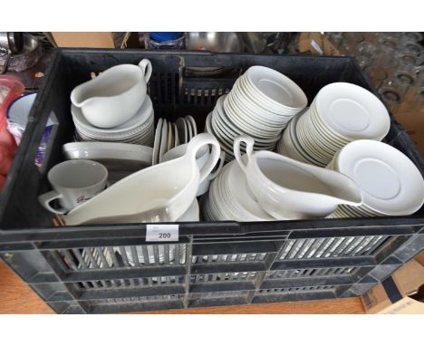 Crate containing a mixed quantity of china wares to include coffee cups, gravy boats, saucers etc