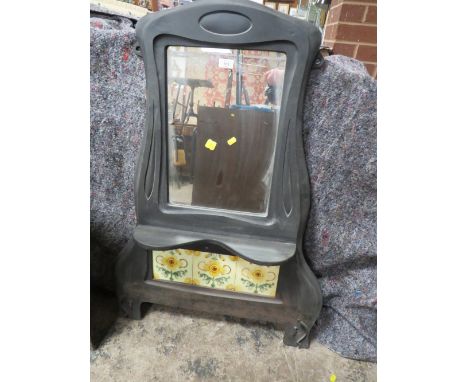 A VINTAGE ART NOUVEAU CAST IRON MIRROR WITH TILE BACK H-110 W-77 CM