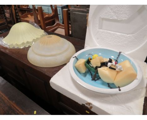 THREE BOXED VINTAGE STYLE GLASS LIGHT SHADES TOGETHER WITH A CERAMIC SYLVESTER AND TWEETIE PIE LAMP SHADE ( 4)