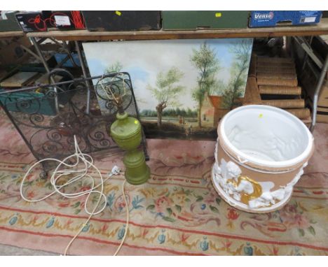 A NAIVE OIL ON BOARD TOGETHER WITH A WROUGHT IRON FIRESCREEN, A CERAMIC TABLE LAMP PLUS A LARGE MODERN JARDINIERE A/F