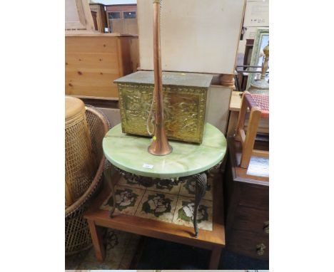 A RETRO TILE TOP TABLE, ONYX EFFECT TABLE , HORN AND LOG BOX, WICKER CHAIR AND STOOL