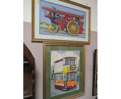 TWO TAPESTRY PICTURE DEPICTING A TRAM AND STEAM ENGINE