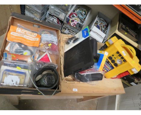 TWO TRAYS OF ELECTRIC SWITCHES , AUTO PARTS, TOOLS AND A CAR STARTER