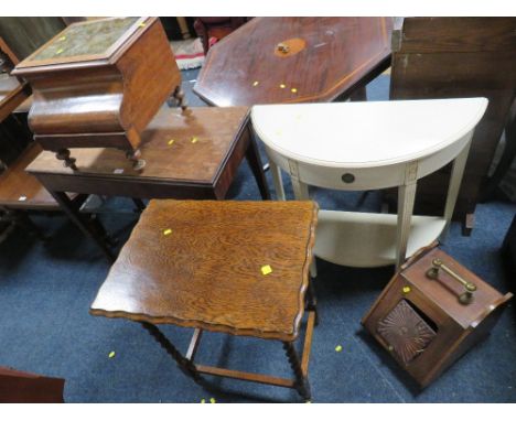 AN ANTIQUE MAHOGANY FOLD-OVER CARD TABLE, DEMI-LUNE TABLE, BARLEYTWIST TABLE, COAL BOX AND COMMODE