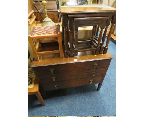 A VINTAGE OAK THREE DRAWER CHEST NEST OF TABLES AND A STOOL
