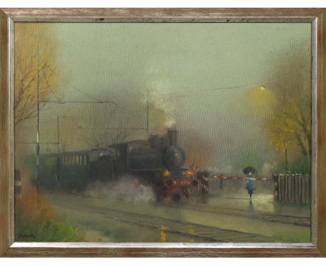 Unbekannter Maler (20. Jh.) Trüber Tag an einem Bahnübergang mit Lokomotive. Öl/Lwd., li. u. sign. 55x 41 cm. R.