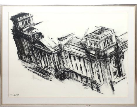 Schenkel, Hermann (geb. 1948) Reichstag. Ölkreide/Papier, li. u. sign. und dat. (19)95. PP.-Ausschnitt 68x 97 cm. R.