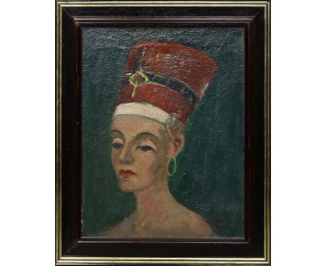 Unbekannter Maler (20. Jh.) Büste der Nofretete im ägyptischen Museum Berlin, frei interpretiert. Öl/Lwd. (l. Altersspuren), 