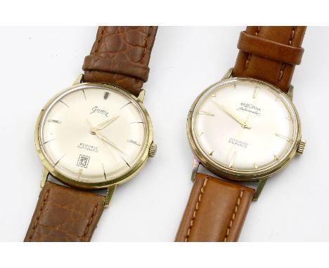 2 Herrenarmbanduhren "Bergana" bzw. "Gama". Je rundes, vergoldetes Stahlgehäuse mit aufgedrücktem Boden. Matt vergoldetes Zif