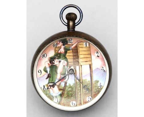 Kugeluhr. Beidseitig als Kugel verglastes, rundes Metallgehäuse. Zifferblatt mit bunt gemalter, erotischer Darstellung eines 