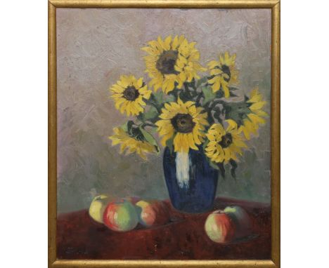 Schmidt-Lichtenrade, Eduard (1. Drittel 20. Jh.) Stillleben mit Sonnenblumenstrauß in Vase und Äpfeln. Öl/Karton, li. u. sign