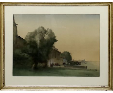 2 gerahmte Aquarelle (1. Hälfte 20. Jh.) Am Flussufer (Düsseldorf ?), sign. Gessmann und Meeresbrandung, sign. R. Gennari 192