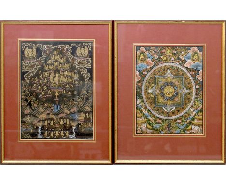 2 buddhistische Darstellungen. Unterschiedliche, vielfigürige Szenen. Gouache/Goldfarbe. PP.-Ausschnitt 23,5x 19 cm. R., 38,5