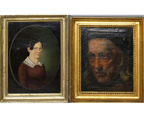 2 Portraitisten. a) Herrenportrait (19. Jh.). Öl/Lwd. (Altersspuren, rest., kl. Loch). 30,5x 25,5 cm. R. , 39x 34 cm und b) P