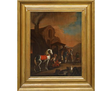 Altmeister im Stil von P. Wouvermann (18. Jh.) Bauernvolk vor einem Wirtshaus mit Schimmel. Öl/Holztafel (rest.). 44 x37 cm. 
