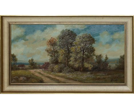 Beck (Ende 19. Jh.) Landschaft mit 2 Häusern an Feldweg. Öl/Platte, re. u. sign. "Beck". 28x 51,5 cm. R. 