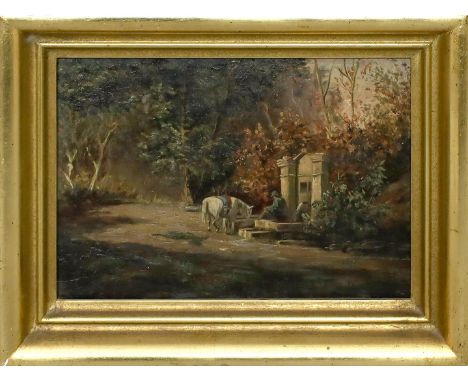 Unbekannter Maler (Ende 19. Jh.) Rast mit Pferd am Brunnen. Öl/Lwd. (Retuschen, auf Holz aufgezogen). 21x 29,5 cm. R.