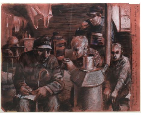 Duwe, Harald (1926-1984) "Studie zur Nassenhütte 1982", so seitlich in Kohle bez. Mischtechnik/rötlichem Papier (Montagespure