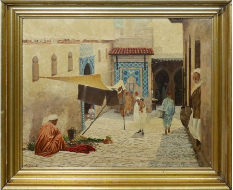 Blattner, H. (1. Hälfte 20. Jh.) Orientalische Gasse mit Straßenverkäufer und Personen. Öl/Lwd., li. u. sign. Ca. 50x 65 cm. 