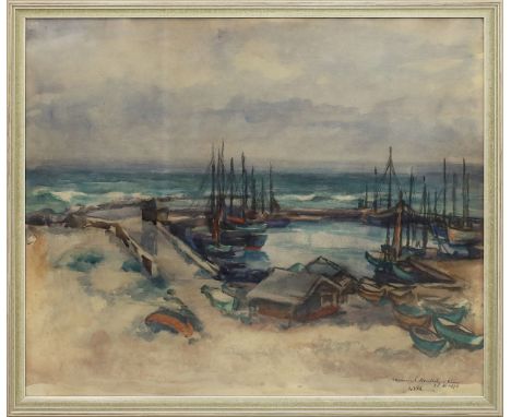 Will (um 1921) Fischerdorf am Meer. Aquarell/Papier (gebräunt), re. u. sign. und bez. "meinem l. Mullchen zum 28.III. 1921". 