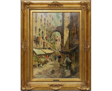 Comitale, A. (20. Jh.) Südliche Altstadtgasse mit Straßenverkäufern und Passanten. Öl/Holz, li. u. sign. Ca. 50x 35 cm. R.