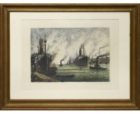 Klemke, Hans (1892 - 1960) Hamburger Hafen. Kolorierte Radierung (l. Altersspuren), re. u. mit Bleistift sign. Plattenrand ca