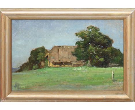 Schmidlin, Adolf (1868 Lahr - Freiburg im Breisgau 1954) Sommerlandschaft mit reetgedecktem Haus. Öl/Lwd./Platte, li. u. mono