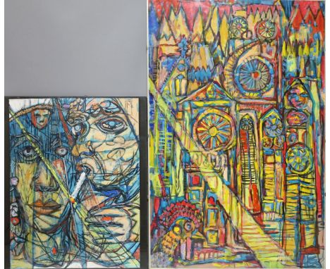 Stuwe, Albert (1921 Ennigerloh 1998) 2 Arbeiten ohne Titel. Kirchenfassade bzw. Köpfe. Aquarell, je monog. 93x 61 bzw. 59x 45