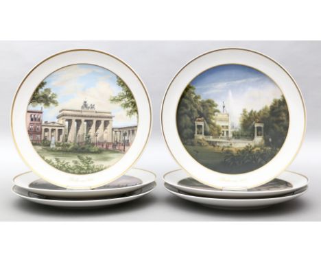 6 Ansichtenteller, KPM Berlin. Porzellan. Farbige Berlin-Darstellungen. Szeptermarken mit Zusatz Print und Reichsapfel, Berli